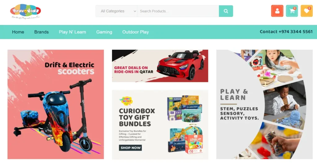 BravoKids Qatar homepage showcasing toys, activity toys, and games with strong SEO-driven content and online presence